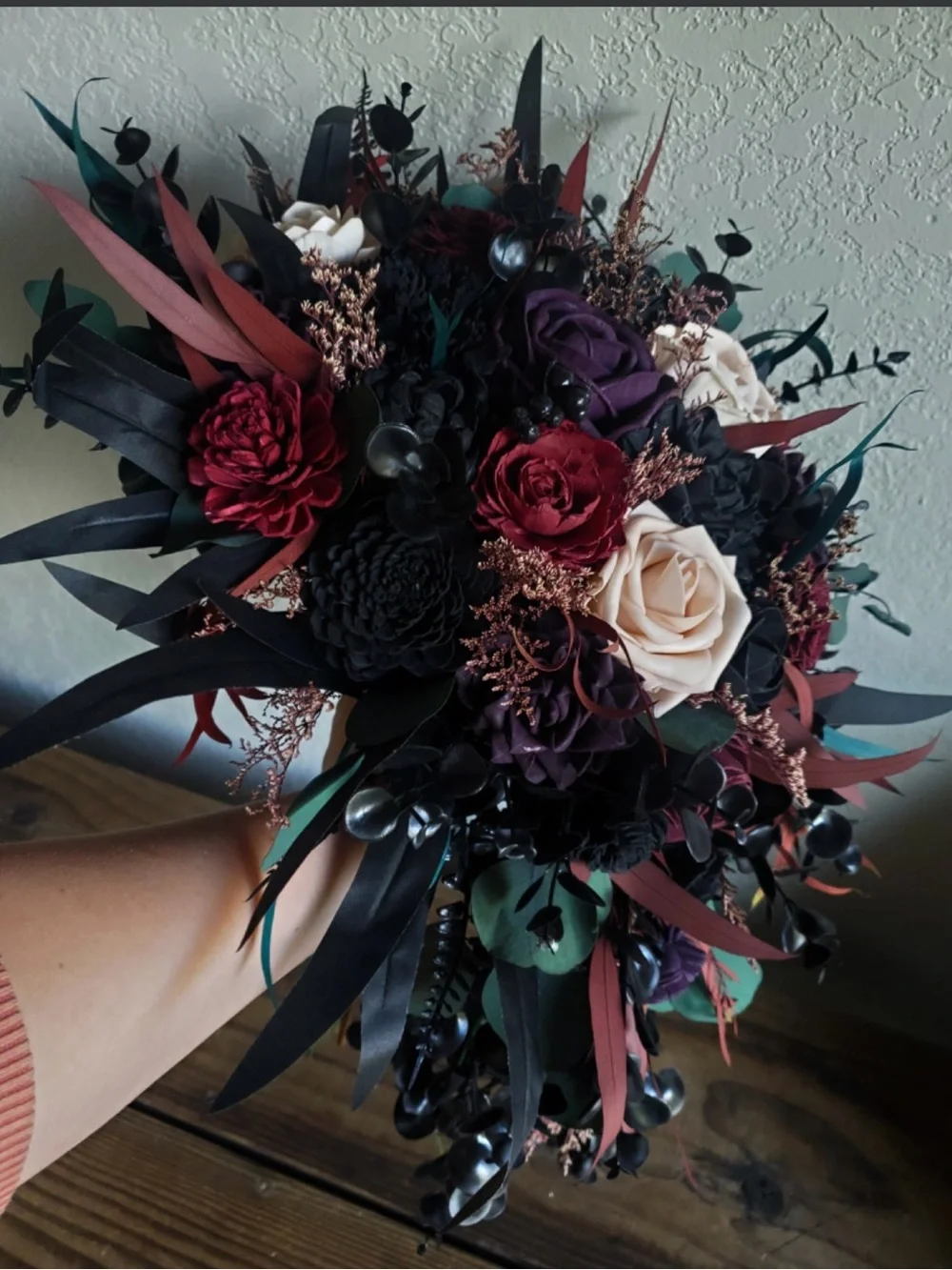 Sola Wood Flower Bouquet - Burgundy, Deep Purple, Black, Navy & Cream Accents